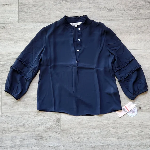 Eco Nanette Lepore Navy Shirt Womens Xs Ruffle Three Quarter Sleeves - Picture 1 of 10